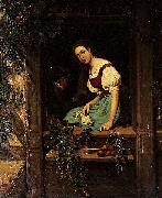 Johan Christoffer Boklund Ung kvinna i fonster med stickning och katt oil painting on canvas